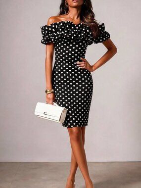 Black And White Elegant Women's Polka Dot Off-Shoulder Short Dress